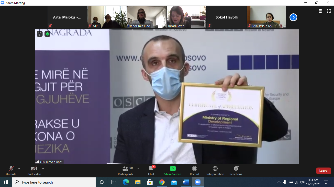 MZHR shpërblehet me çmimin për “Praktikën më të mirë në zbatimin e Ligjit për Përdorimin e Gjuhëve në Kosovë”